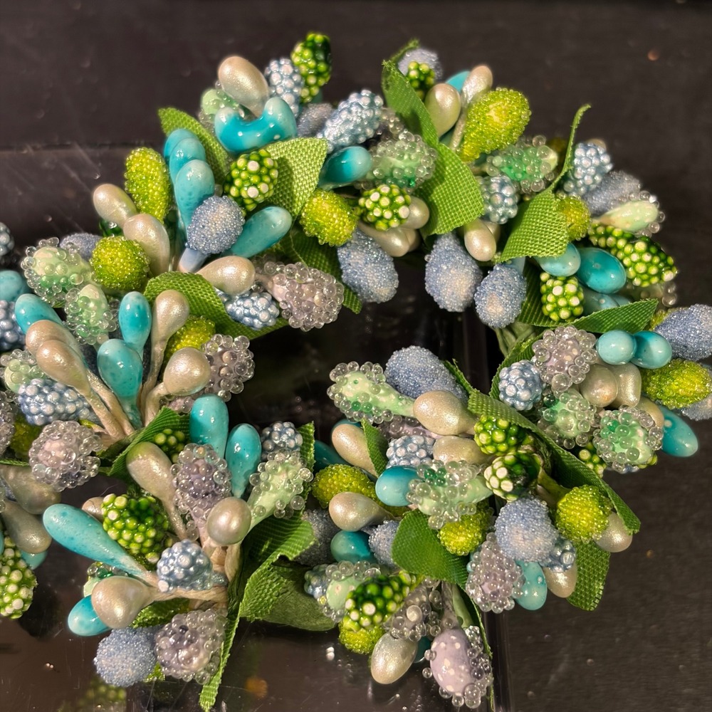Set of 5 Teal and Green Beaded Berry Floral Napkin Rings Spring Garden Decor